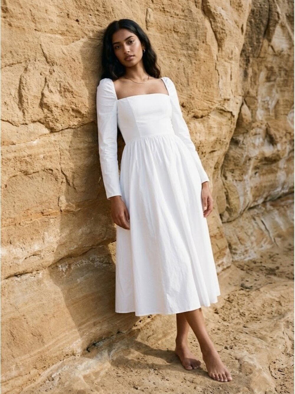 NWT Reformation Elly in White Long Sleeve Cotton Fit & Flare Midi Dress 12 $278